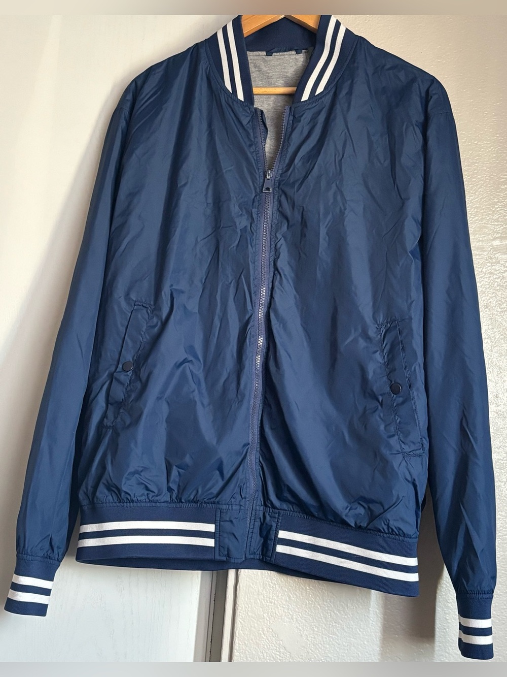 Men's Navy Bomber Jacket with Striped Rib Trim